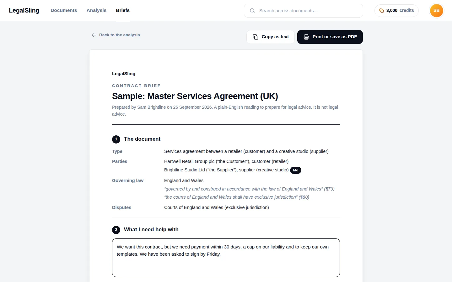 A lawyer brief for a sample services agreement, showing the parties, the governing law quoted from the contract and the reader’s note on what they need help with