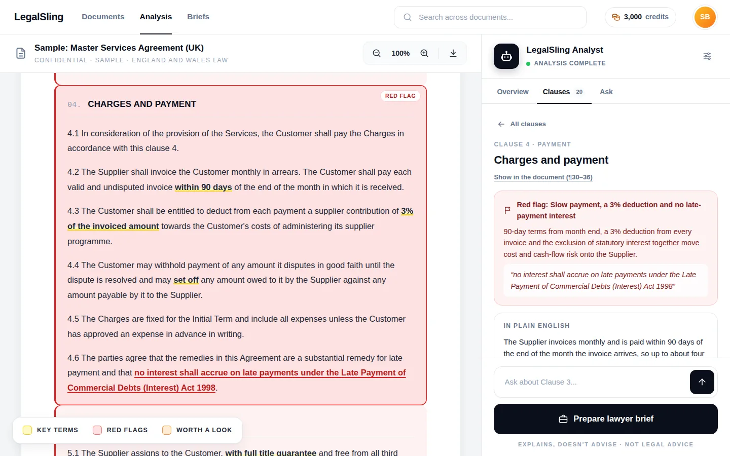 A payment clause highlighted in the contract, with the red flag and a plain-English explanation beside it