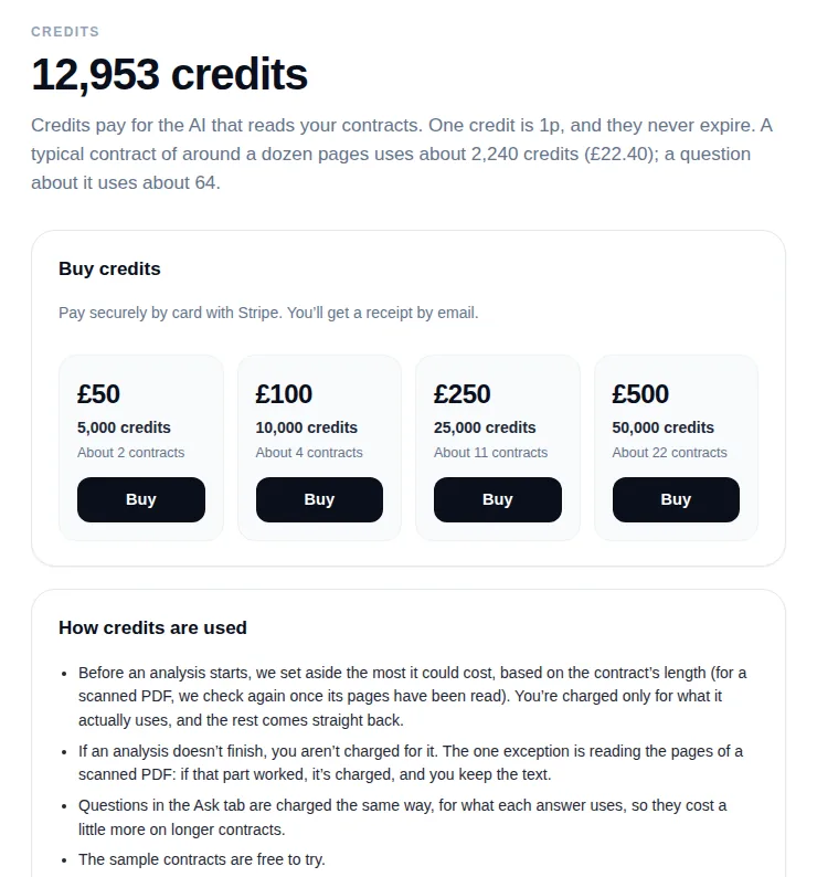 The credits page in LegalSling: the balance, the credit packs with how many contracts each covers, and how credits are used
