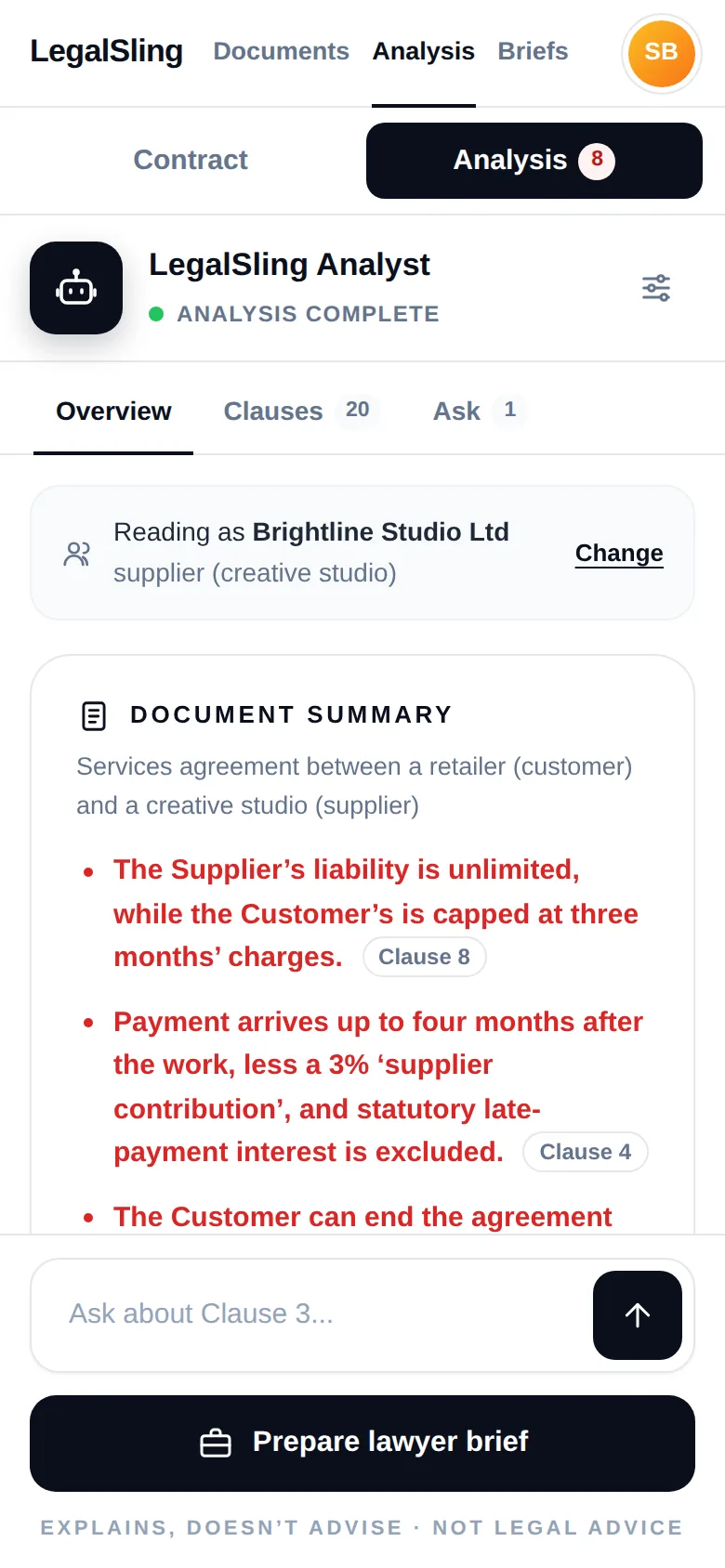 LegalSling on a phone, showing the summary of a contract with its red flags and a box to ask a question