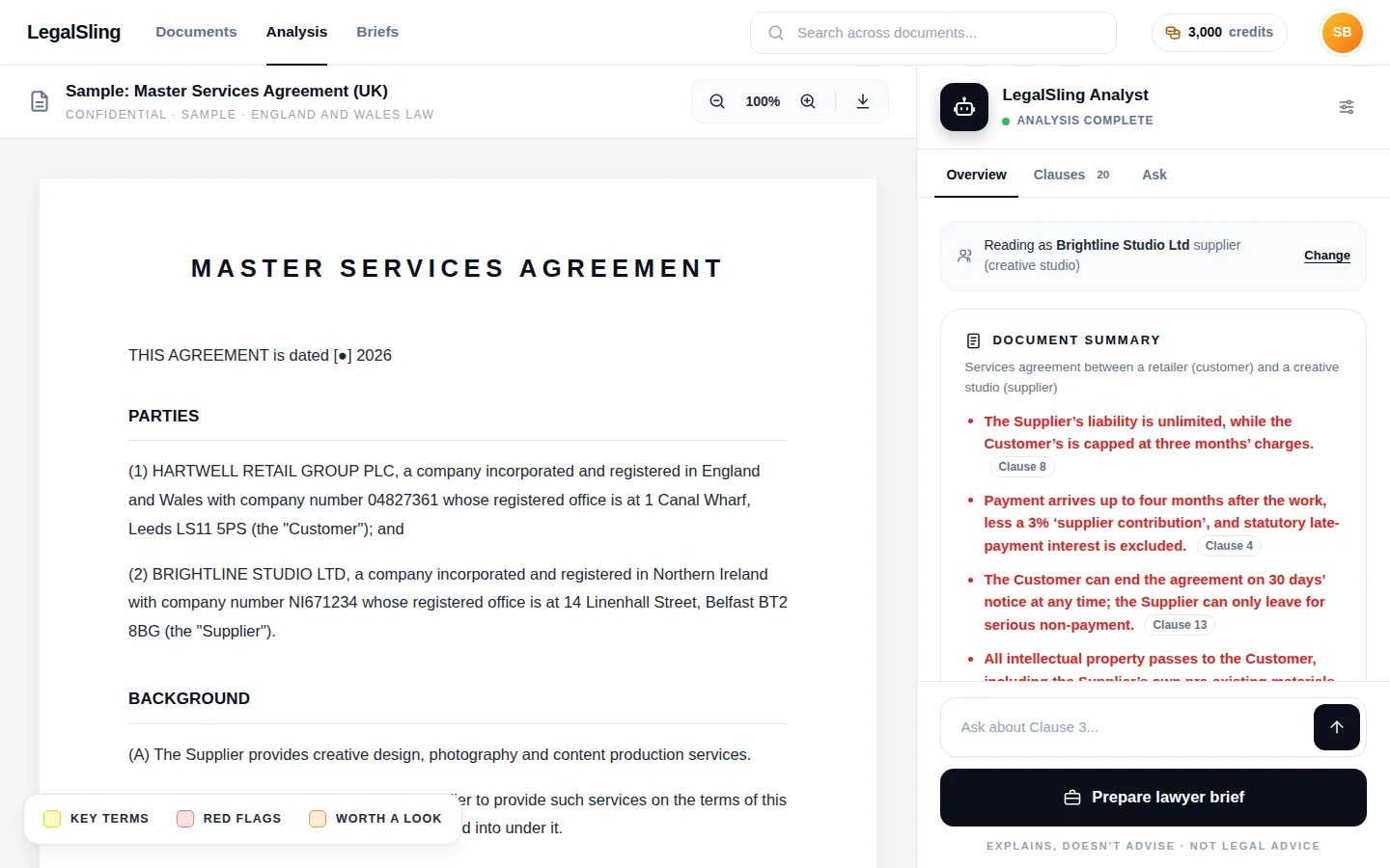 Overview of a sample master services agreement between a retailer and a creative studio, with red flags on liability, payment, termination and intellectual property